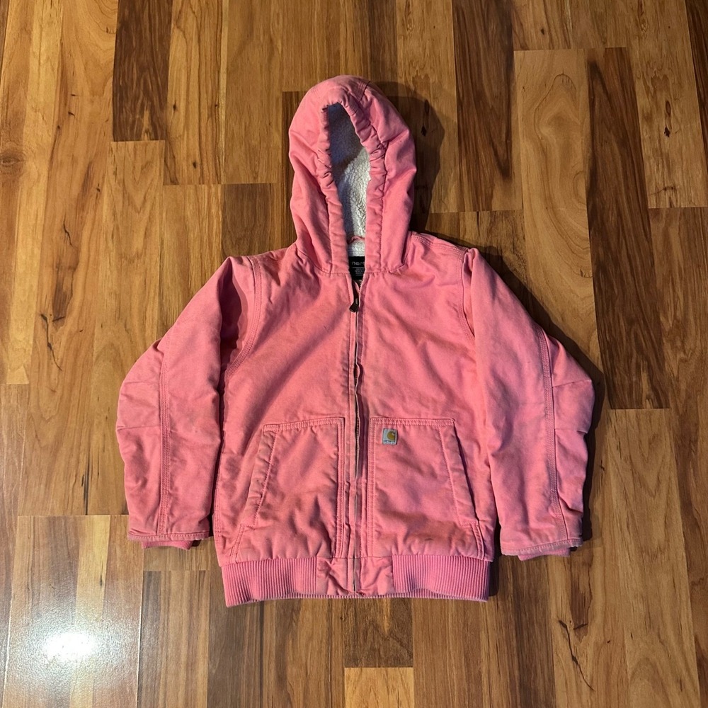 Carhartt Kids Pink Sherpa Lined Canvas Active Jacket Hooded Coat Size S 7-8